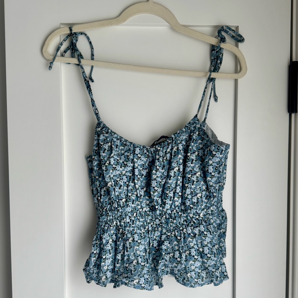 Veronica Beard Blue Floral Smocked Peplum Tie-Strap Tank